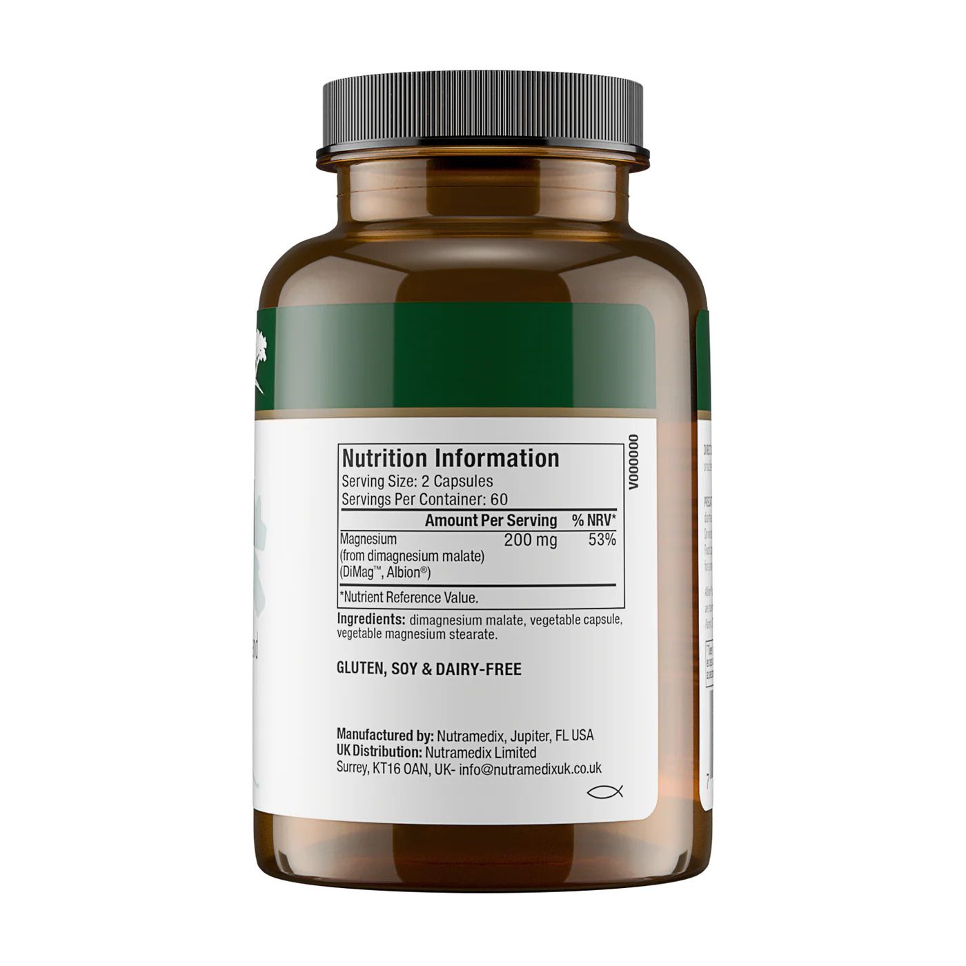 Informazioni nutrizionali per Magnesio Malato NutraMedix: 200 mg di magnesio per porzione. Senza glutine, soia e lattosio.