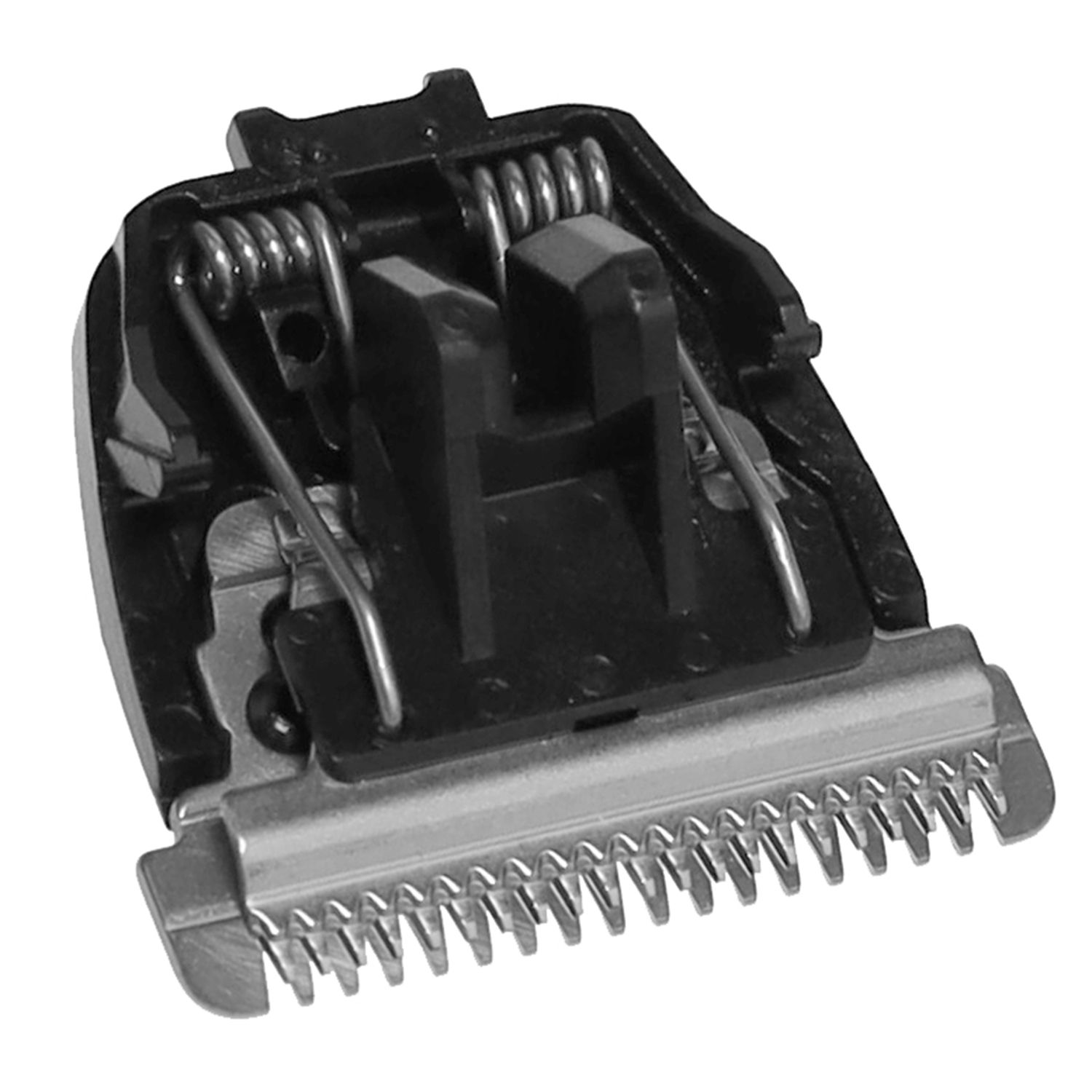 Lama per tagliare i capelli con molle e alloggiamento in plastica nera. Lama in metallo con bordi dentati.