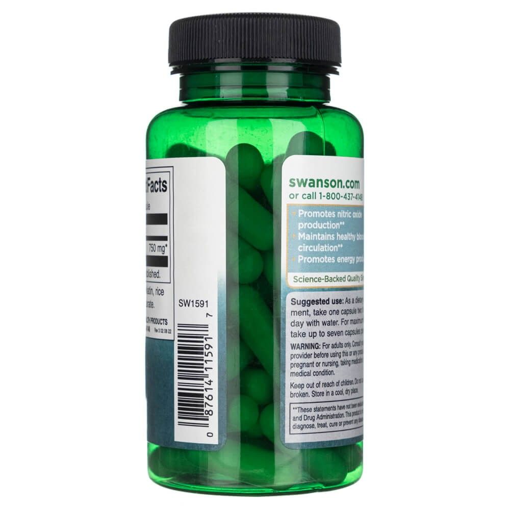 Vista laterale di una bottiglia verde contenente capsule verdi. Etichetta con informazioni sul prodotto.