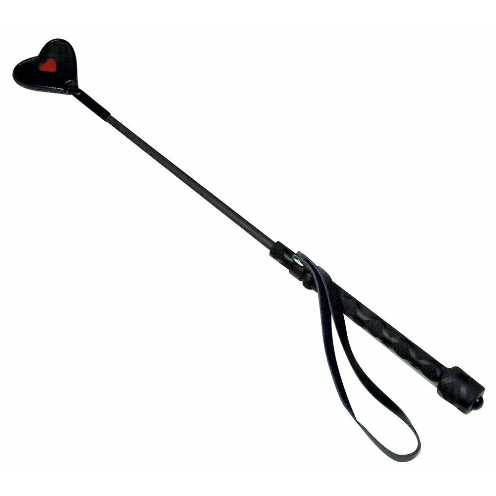 Frusta nera con testa a forma di cuore e cuore rosso. Impugnatura con passante.