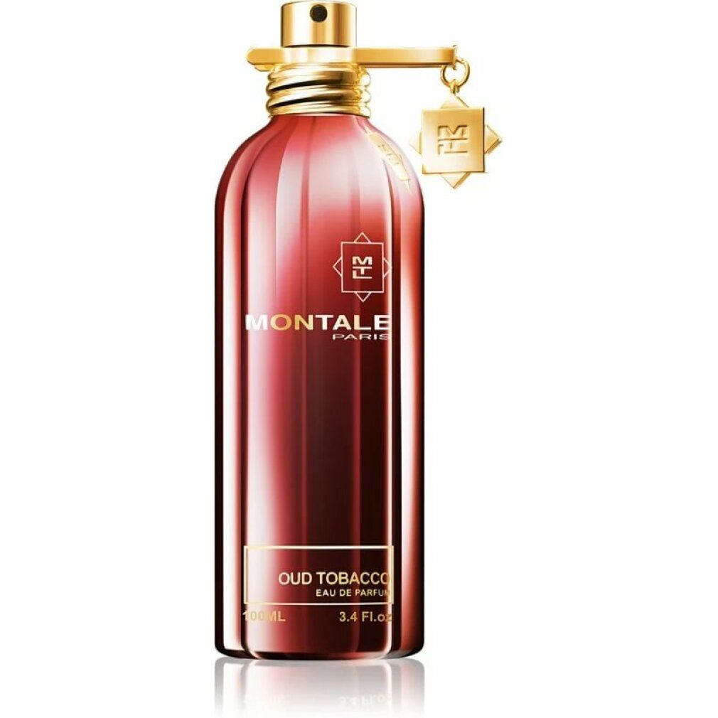 Flacone rosso con tappo e ciondolo dorati. Scritta: MONTALE PARIS, Oud Tobacco, Eau de Parfum.