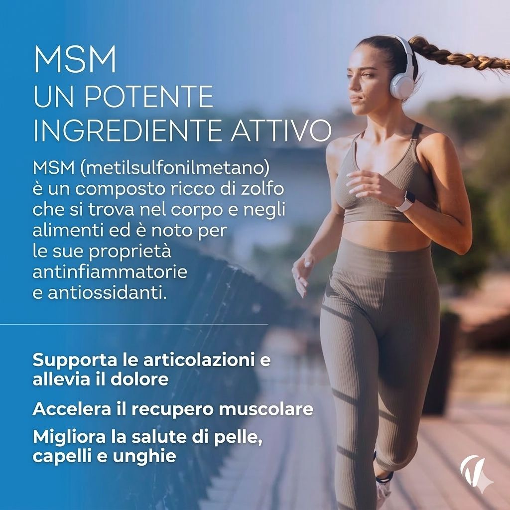 Donna che corre. Testo: MSM, un potente ingrediente attivo. Supporta le articolazioni, allevia il dolore, accelera il recupero.