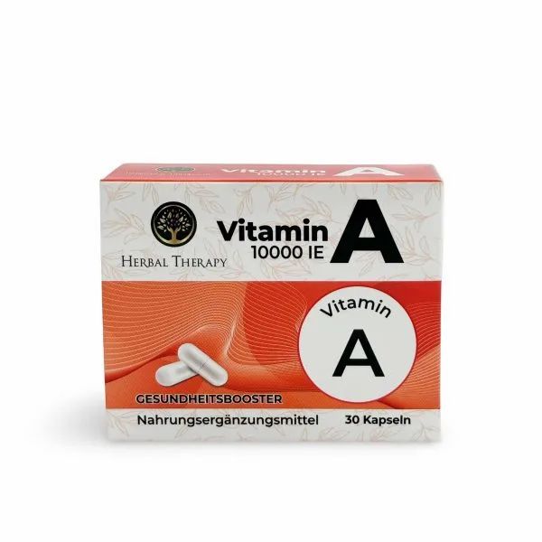 Scatola rossa con Vitamina A 10.000 UI, Herbal Therapy. 30 capsule. Due capsule raffigurate. Testo: Booster di salute, integratori alimentari.