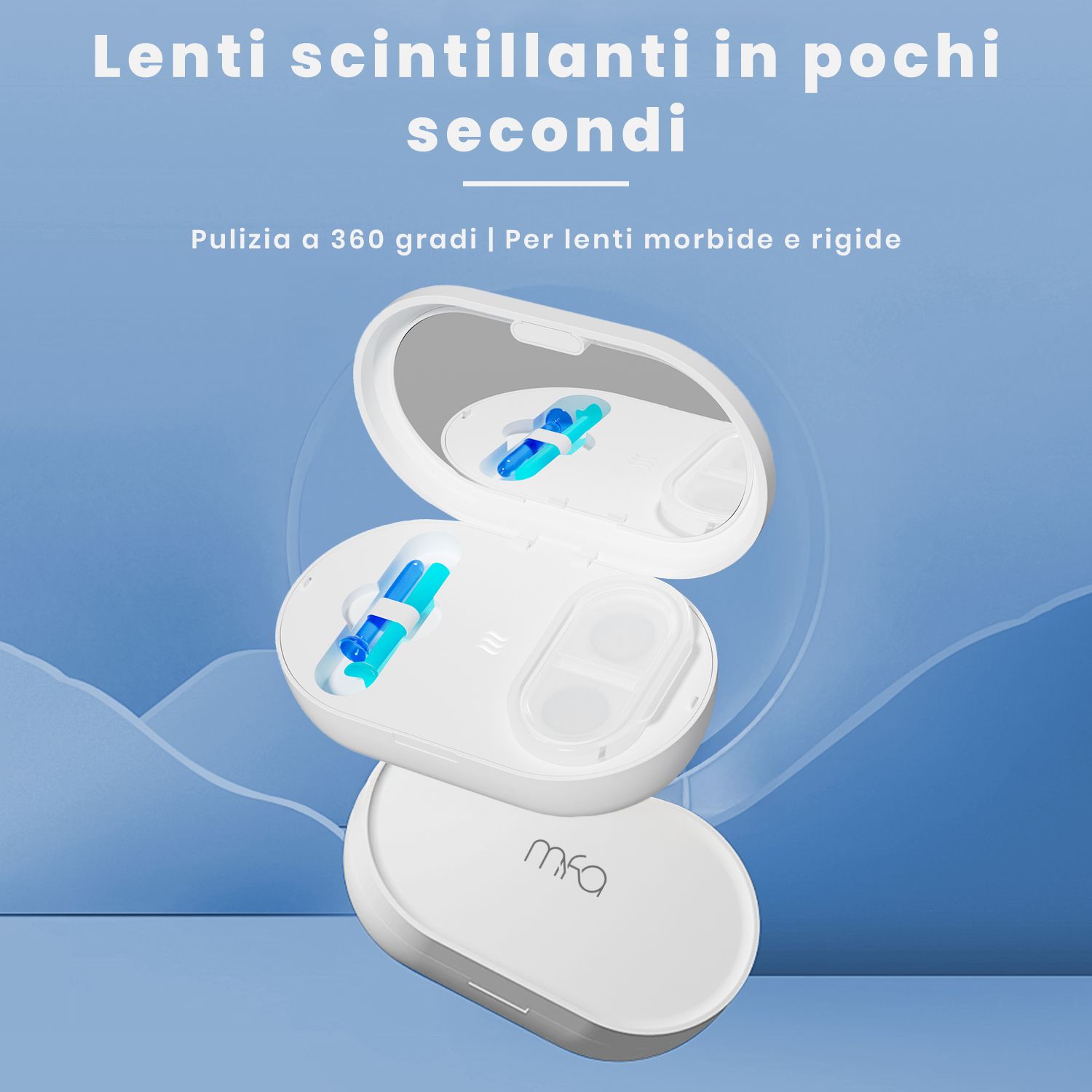 Dispositivo di pulizia per lenti a contatto bianco aperto. Include accessori e specchio. "mfa" è visibile.