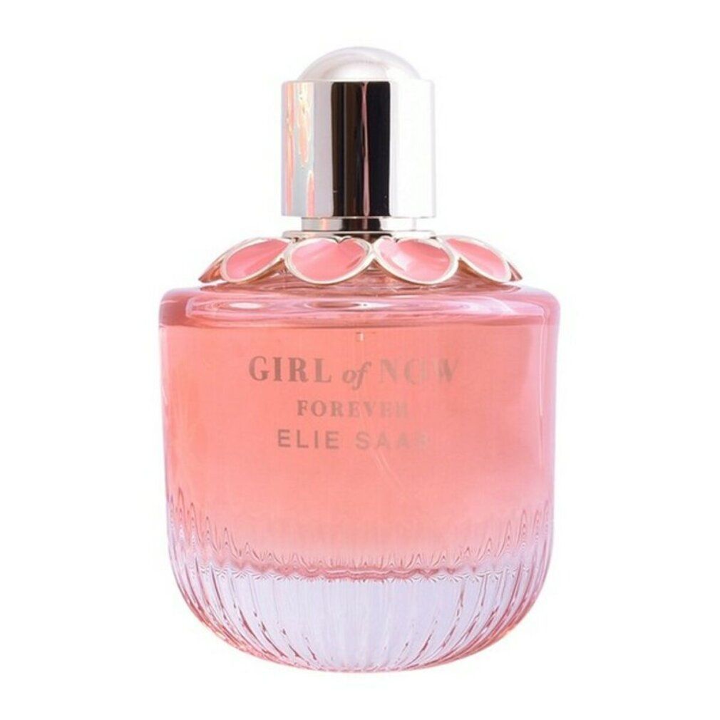Flacone di profumo con tappo argentato e liquido rosa. Scritta: Girl of Now Forever, Elie Saab.
