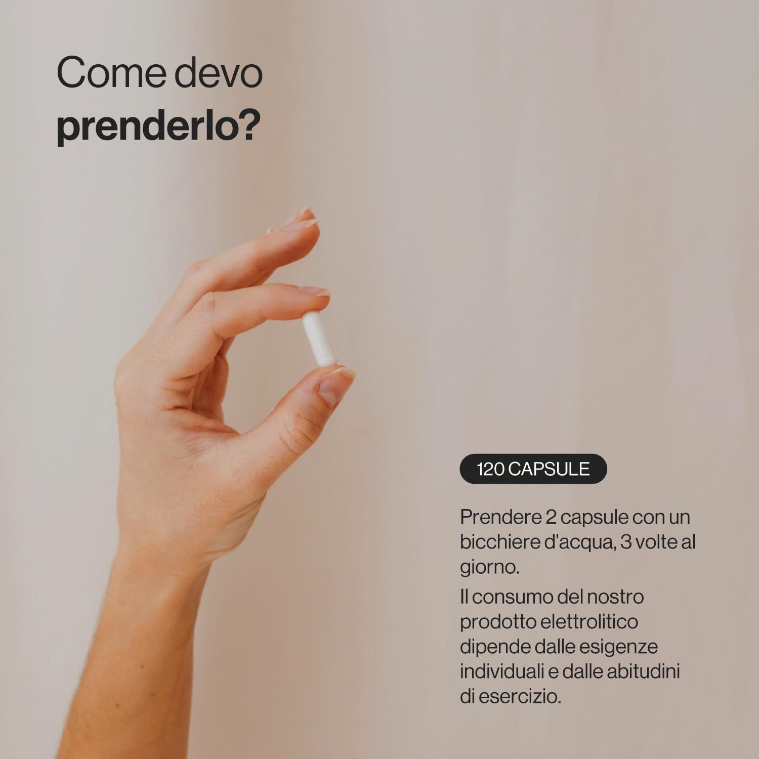 Mano che tiene una capsula bianca. Testo: 120 capsule. Assumere 2 capsule con acqua, 3 volte al giorno.