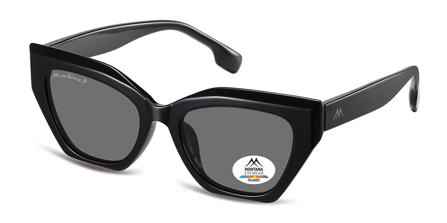 Occhiali da sole neri, lenti grigie. Forma a occhi di gatto. Logo Montana Eyewear sulla stanghetta e sulla lente. Polarizzati.