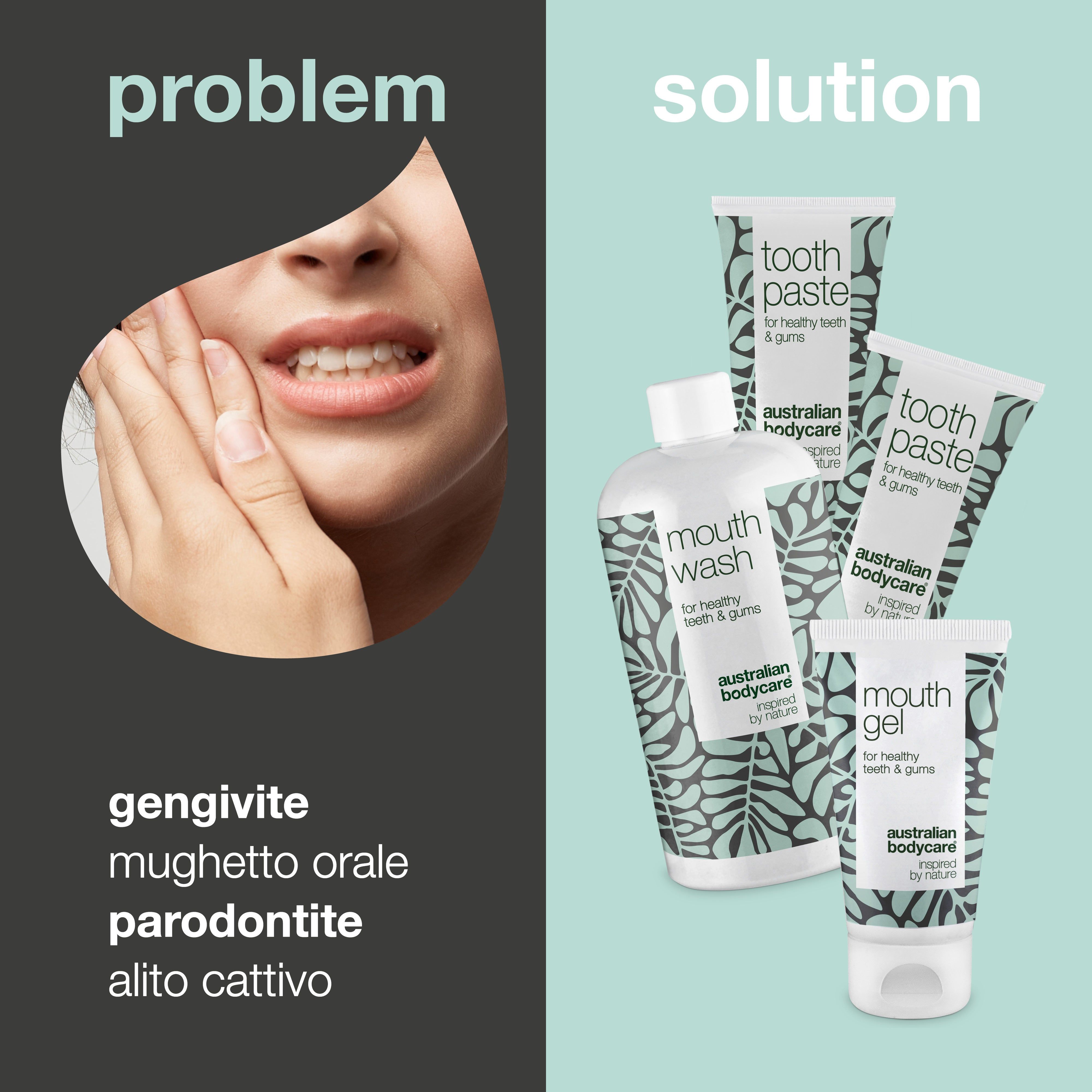 Problema: gengivite, mughetto orale, gengive doloranti, parodontite, alito cattivo. Soluzione: prodotti per l'igiene orale.