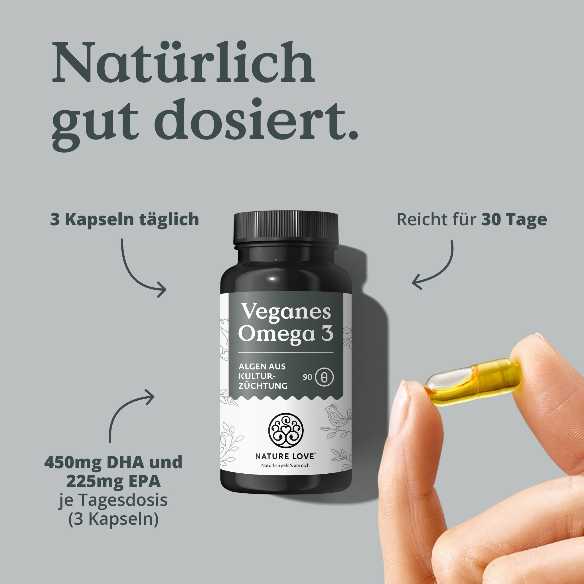 Flacone di capsule vegane Omega-3, viene mostrata una capsula.