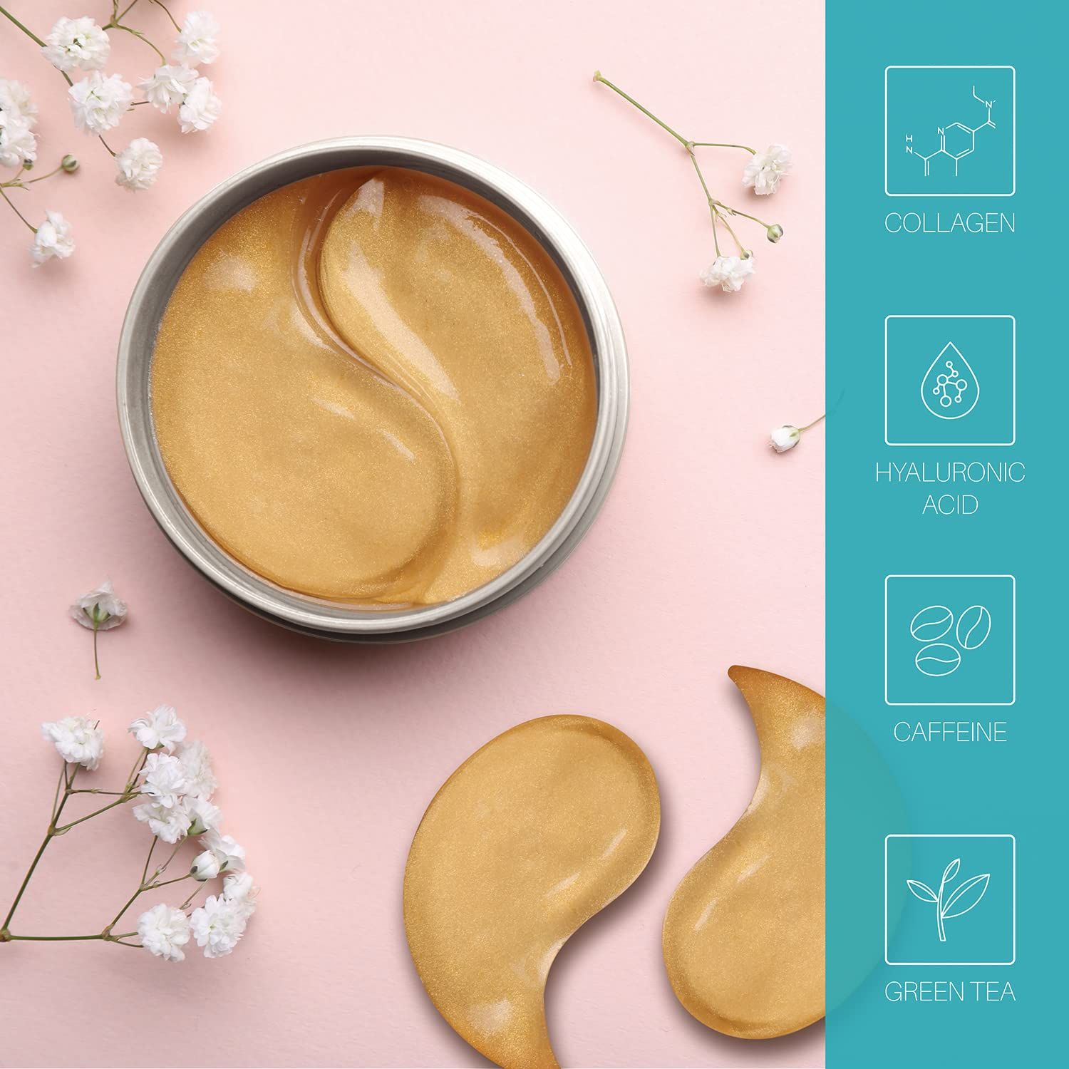 Contenitore con patch dorati per gli occhi su sfondo rosa. Due patch accanto. Illustrazioni degli ingredienti.