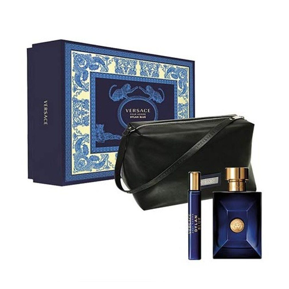 Set profumo con bottiglia blu, vaporizzatore e trousse nera. Confezione con motivo blu e logo del marchio.