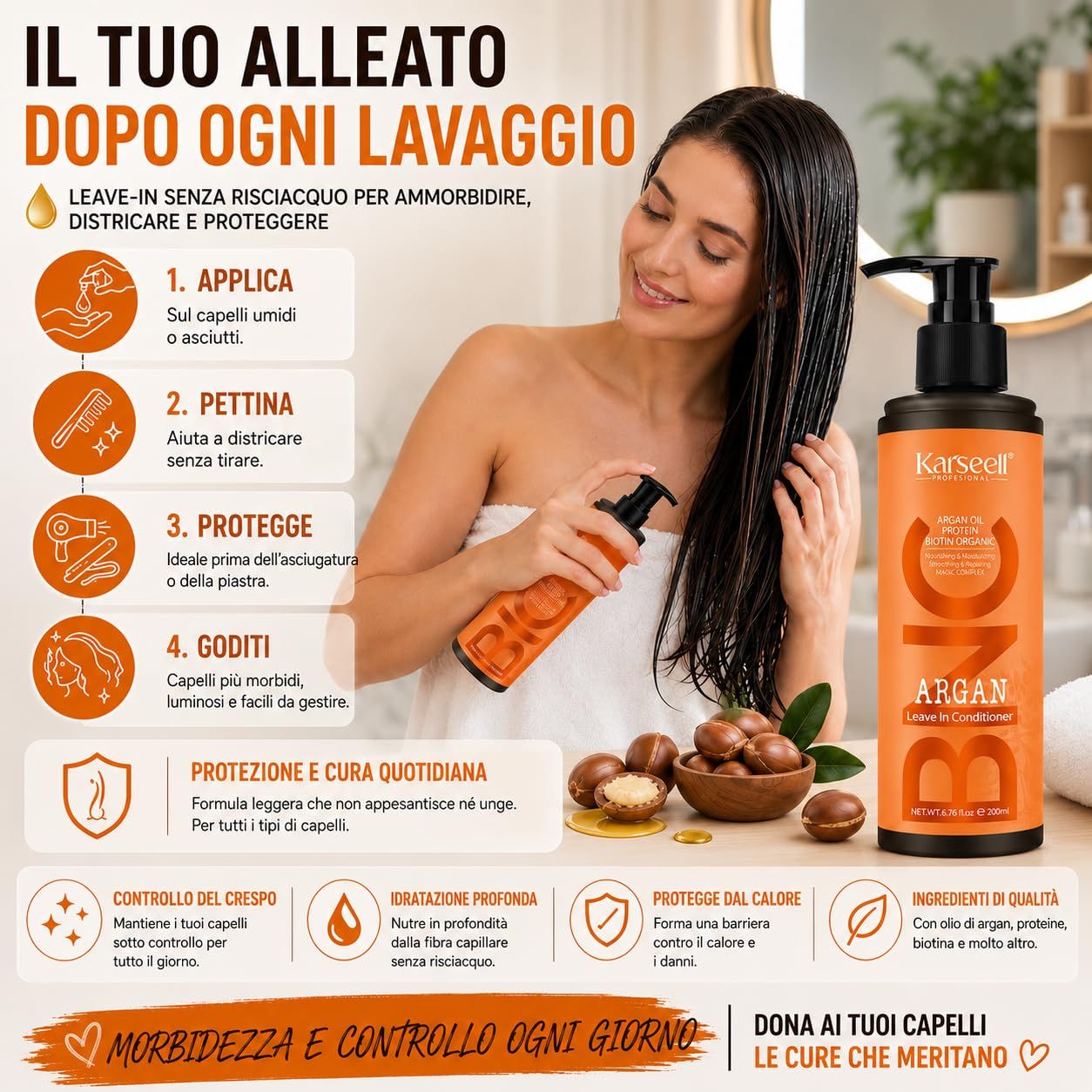 Flacone arancione con erogatore nero, Karaseel Argan Leave-In Conditioner.