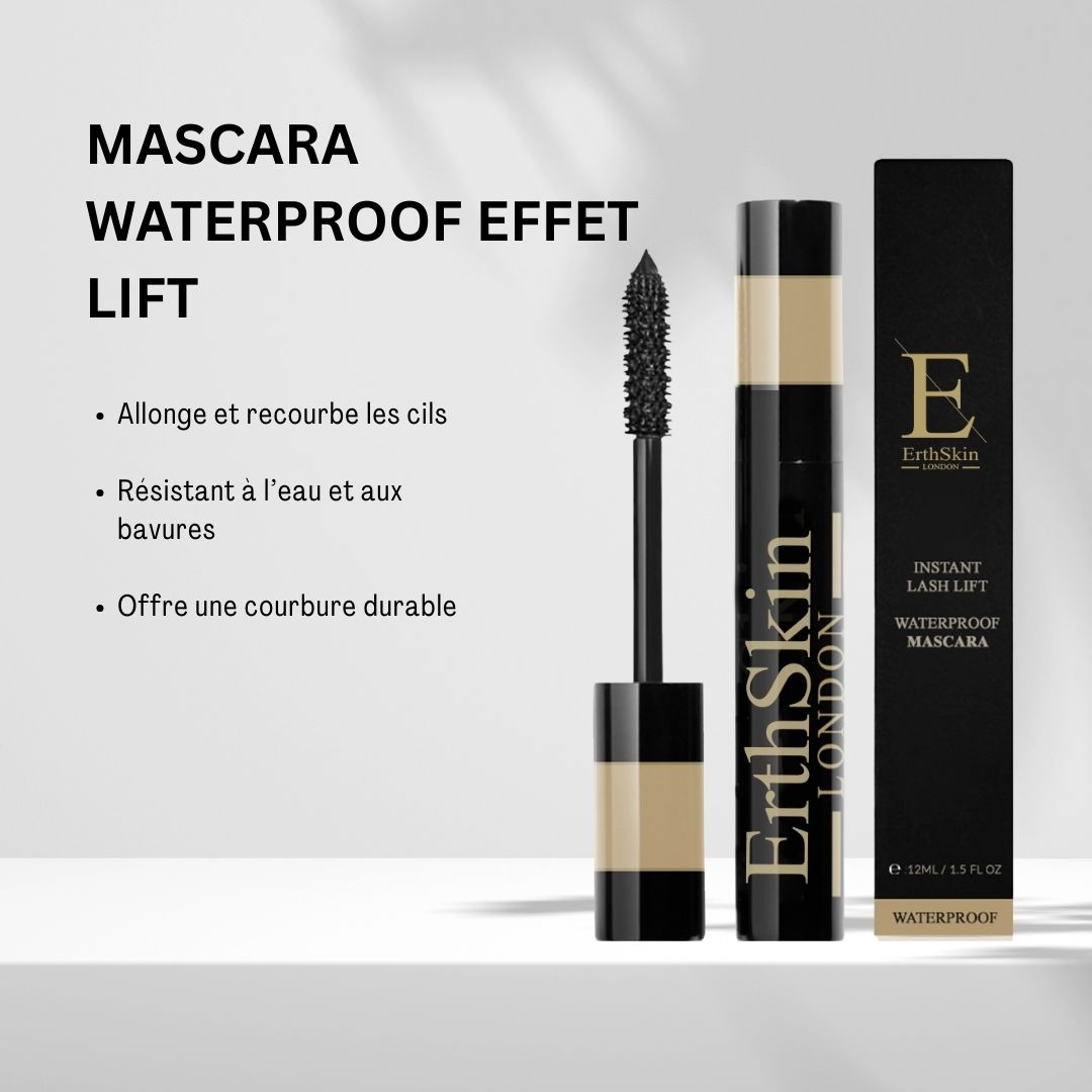Tubo e spazzola per mascara, accanto a una confezione nera con logo e testo dorati. Testo: "Mascara Waterproof Effet Lift".