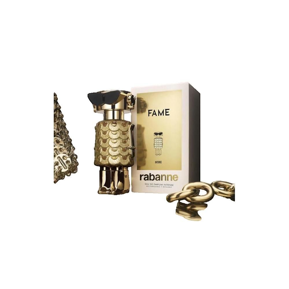 Flacone dorato, confezione e catena. Flacone a forma di robot, scaglie dorate. Confezione con logo.