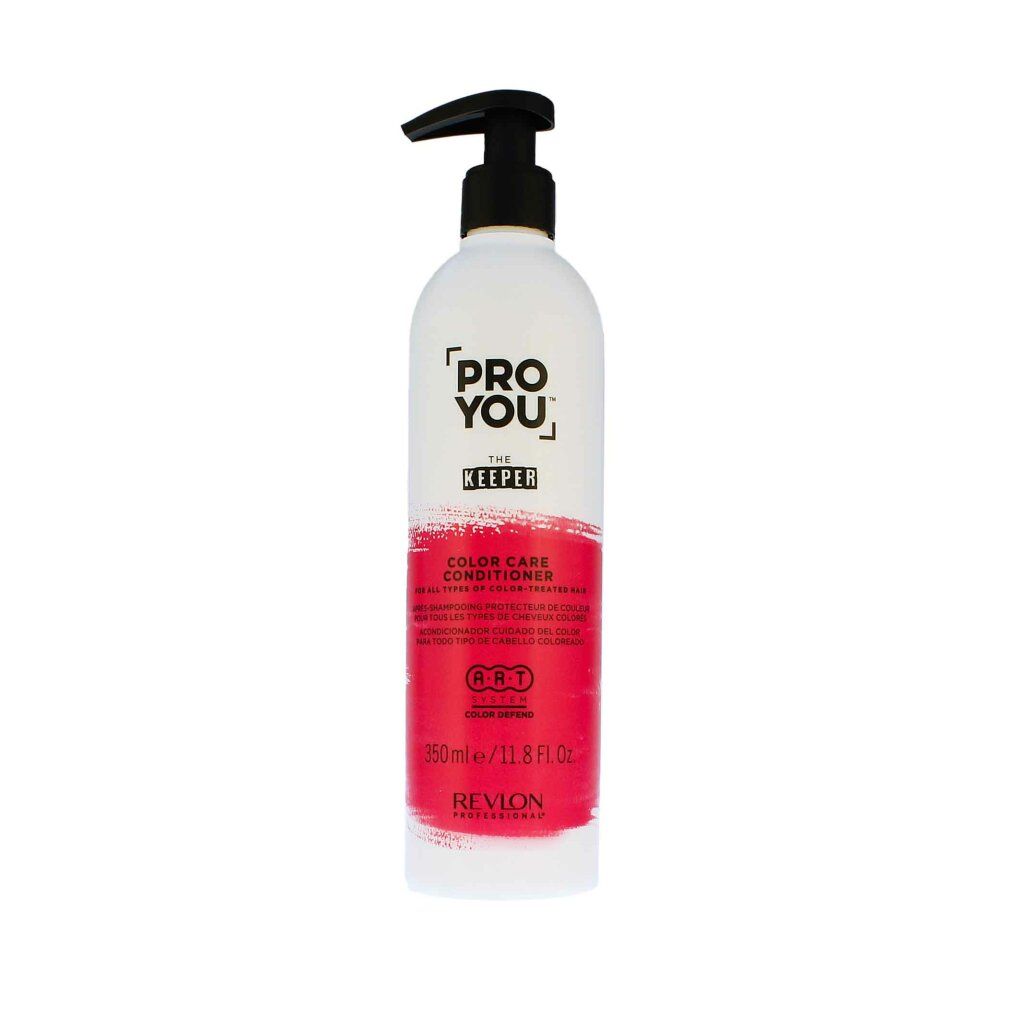 Flacone bianco con dosatore nero. Etichetta rosa con testo: PRO YOU, THE KEEPER, COLOR CARE CONDITIONER. Marchio: Revlon.