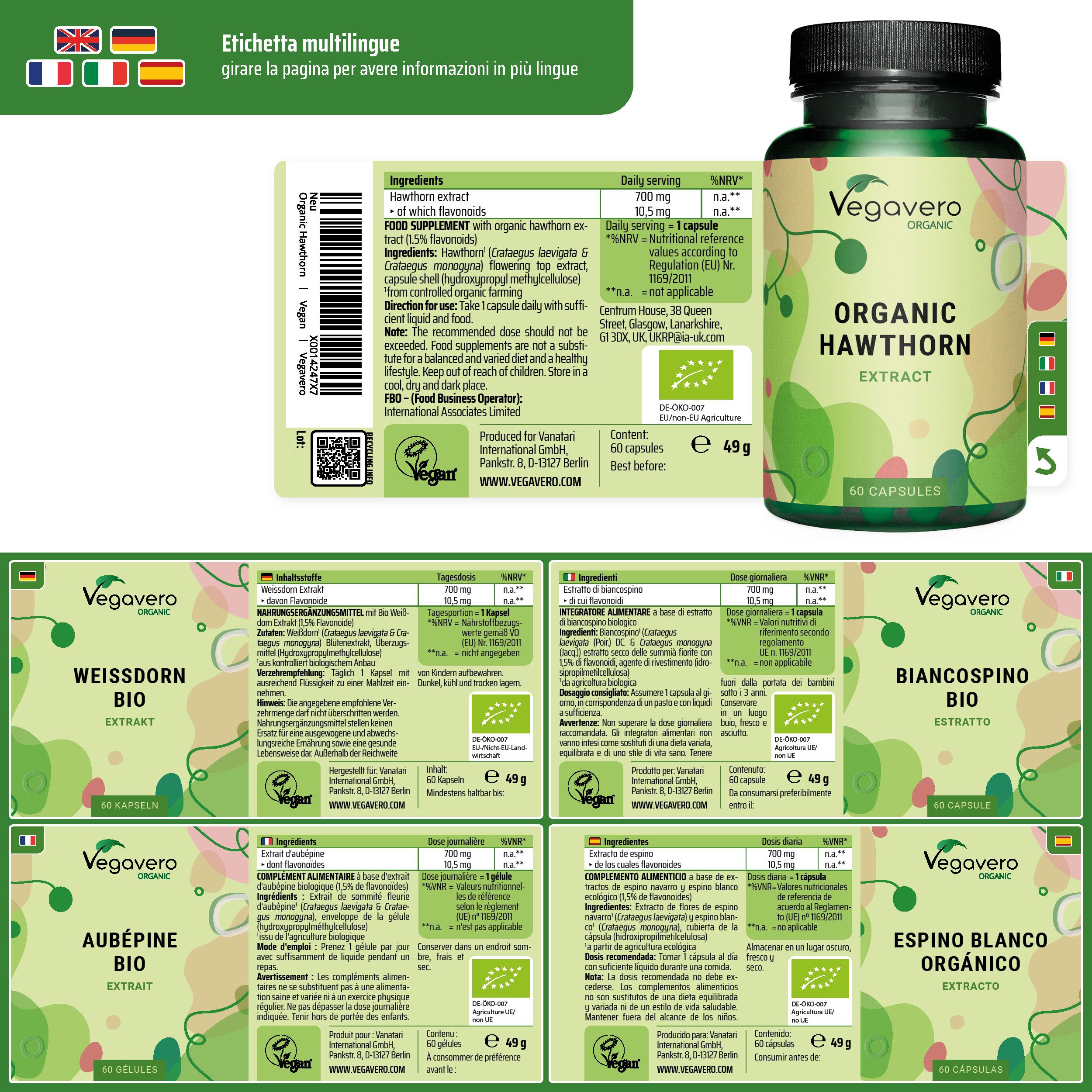 Confezione del prodotto con etichette multilingue. Contiene informazioni sugli ingredienti e certificazioni.