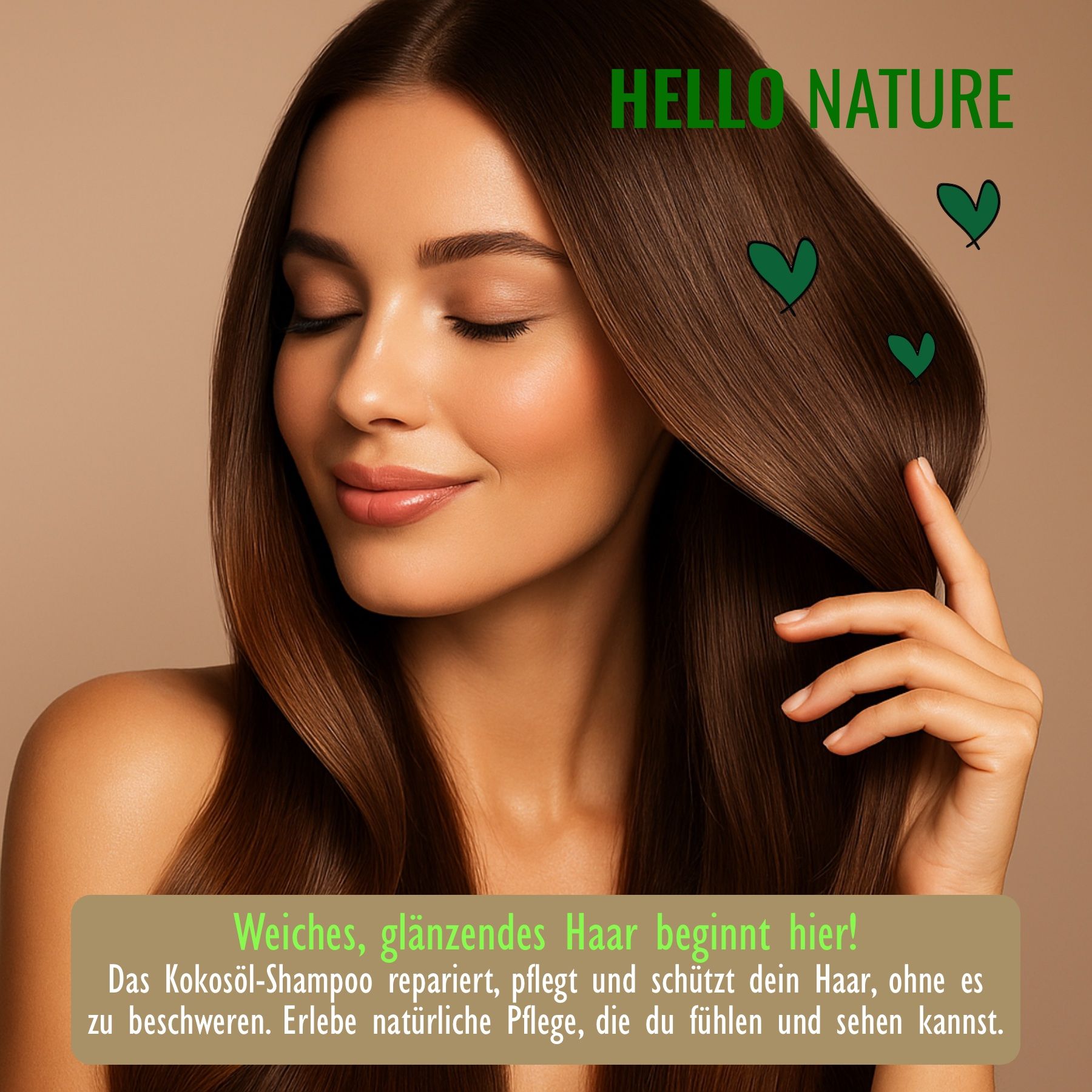 Donna con capelli lucenti. Testo: I capelli morbidi e lucenti iniziano qui! Lo shampoo all'olio di cocco ripara, nutre e protegge i tuoi capelli.