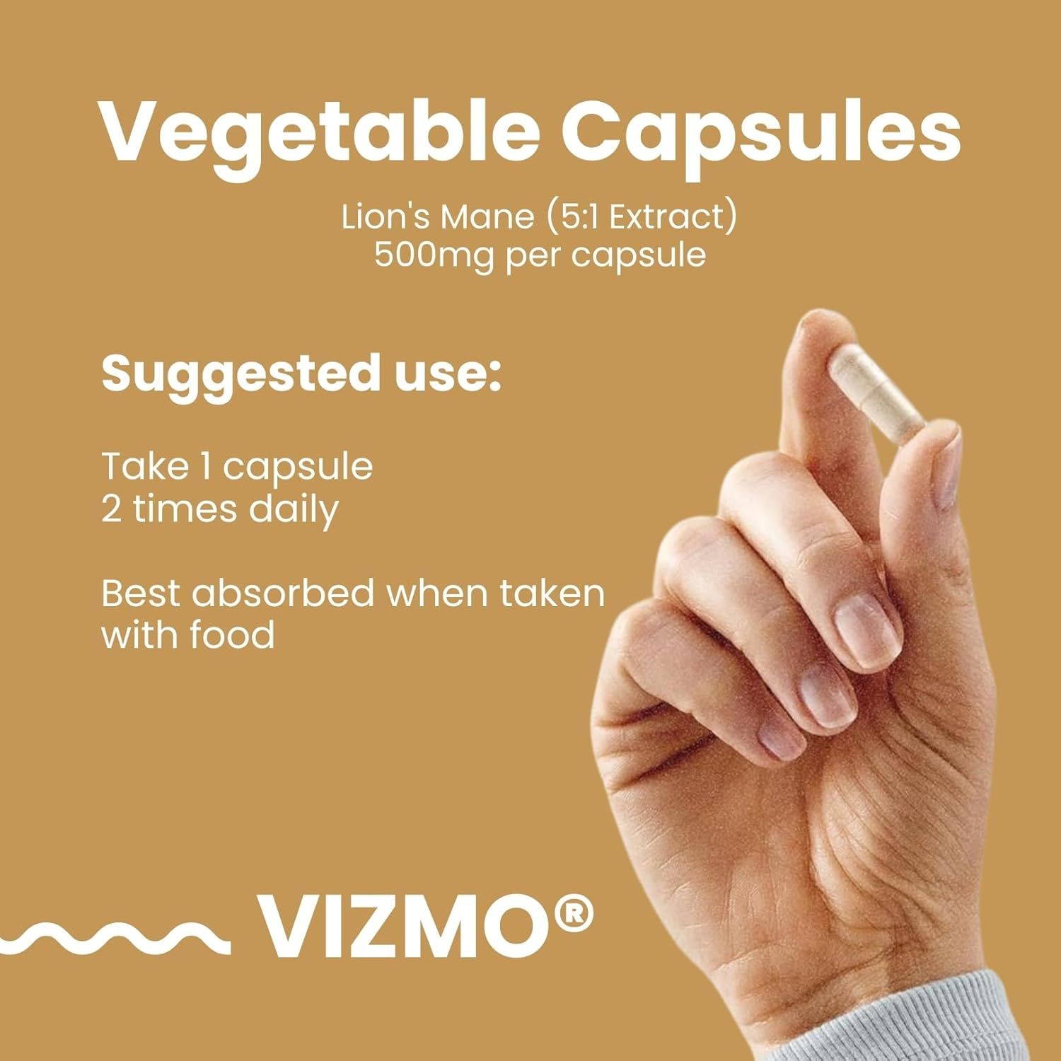 Capsula in mano. Scritta: Lion's Mane (estratto 5:1), 500mg per capsula. Dosaggio: 1 capsula 2 volte al giorno. Logo Vizmo.
