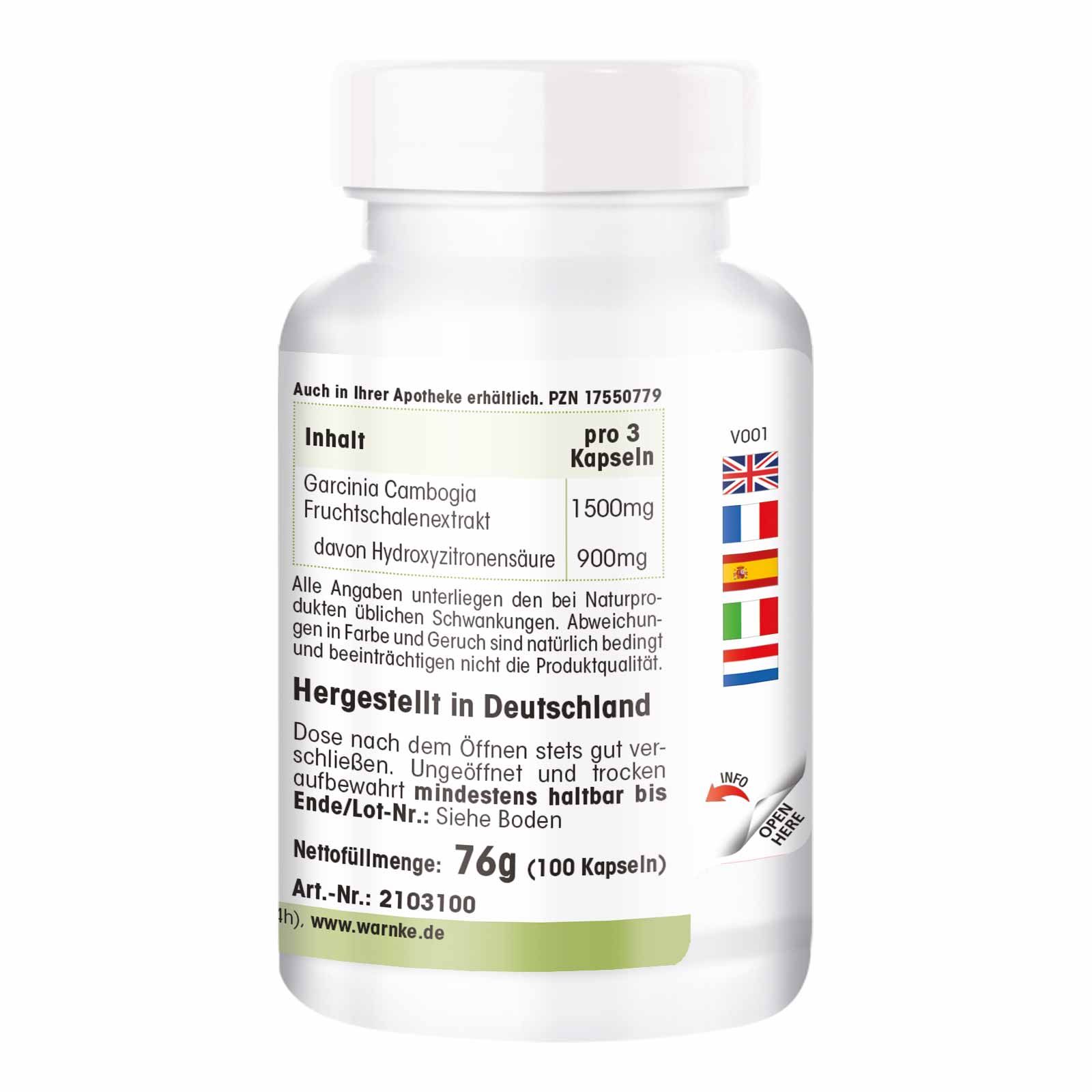 Retro del flacone. Testo: Contenuto, Warnke Vitalstoffe, prodotto in Germania. Bandiere: Francia, Spagna, Italia.