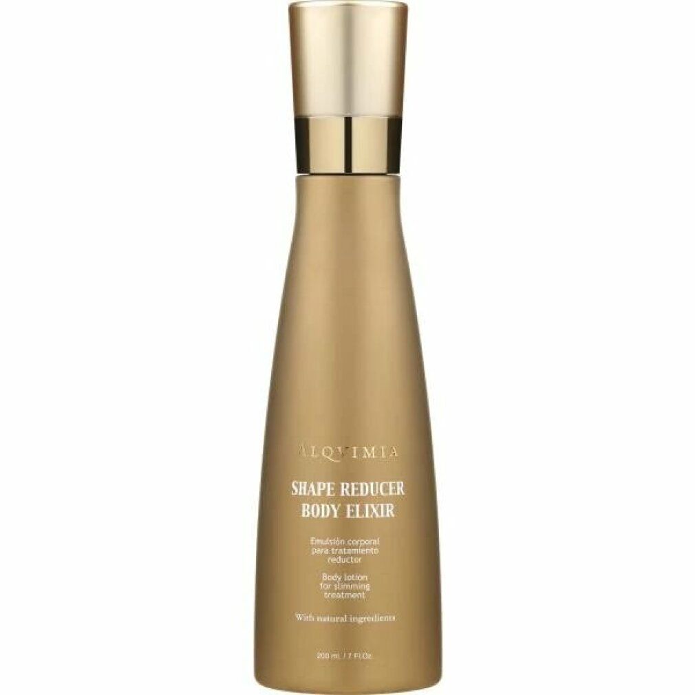 Flacone dorato con tappo argentato. Scritta: Shape Reducer Body Elixir. Con ingredienti naturali.