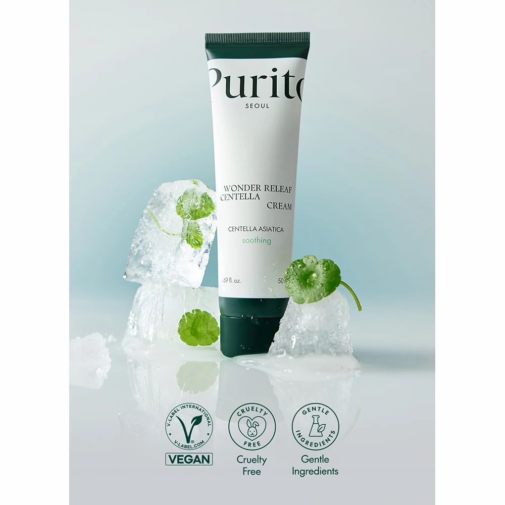 Tubetto di crema con cubetti di ghiaccio e foglie. Scritta: PURITO SEOUL, Wonder Releaf Centella Cream. Vegan, Cruelty Free, Gentle Ingredients.
