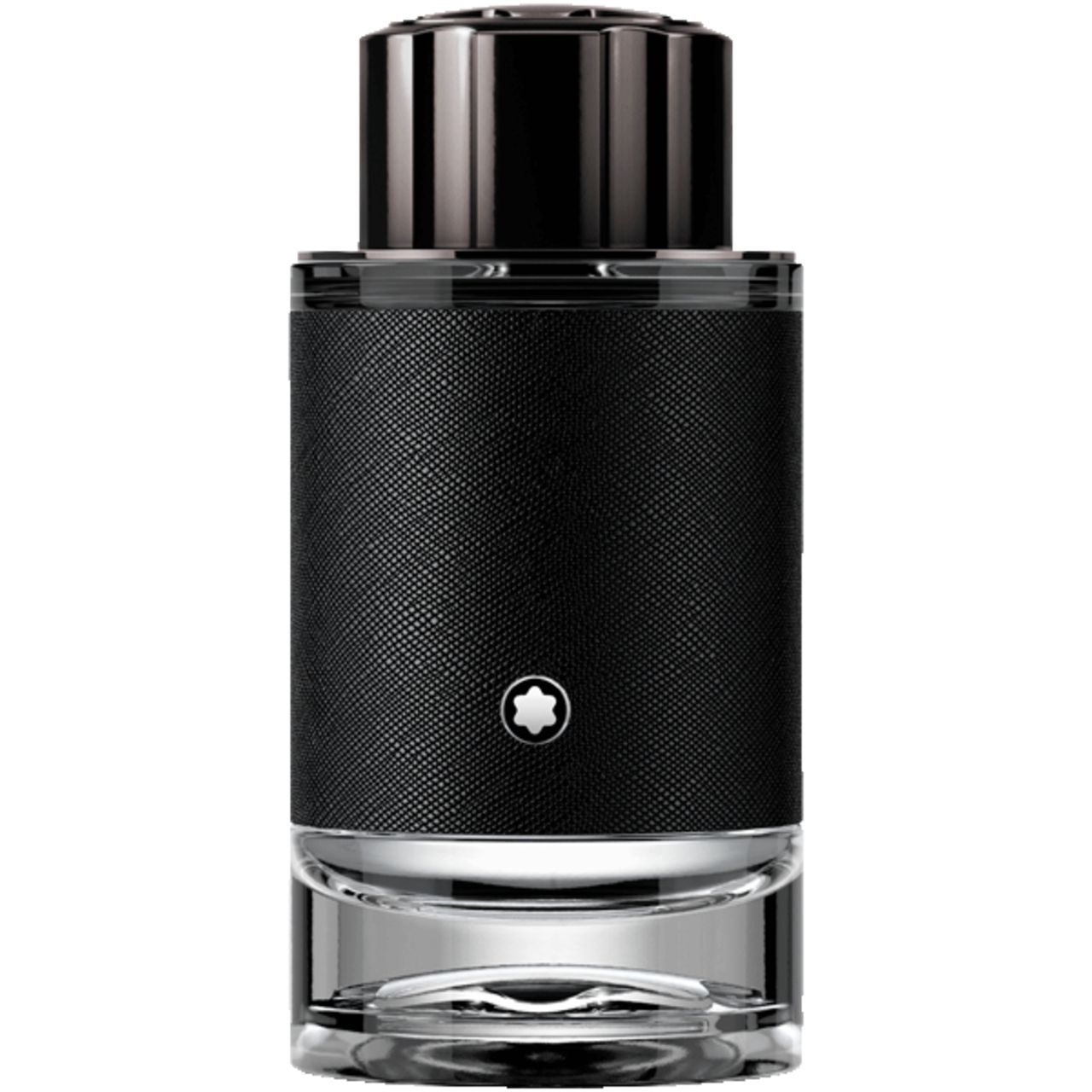 Flacone di profumo con tappo nero e rivestimento nero. Il logo è visibile.