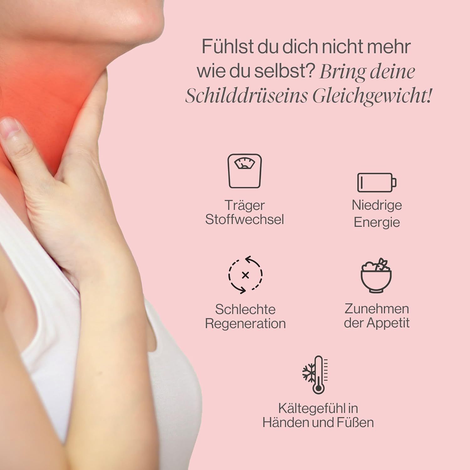 Collo con evidenziatore rosso. Simboli: metabolismo lento, bassa energia, scarsa rigenerazione, aumento dell'appetito, mani/piedi freddi.