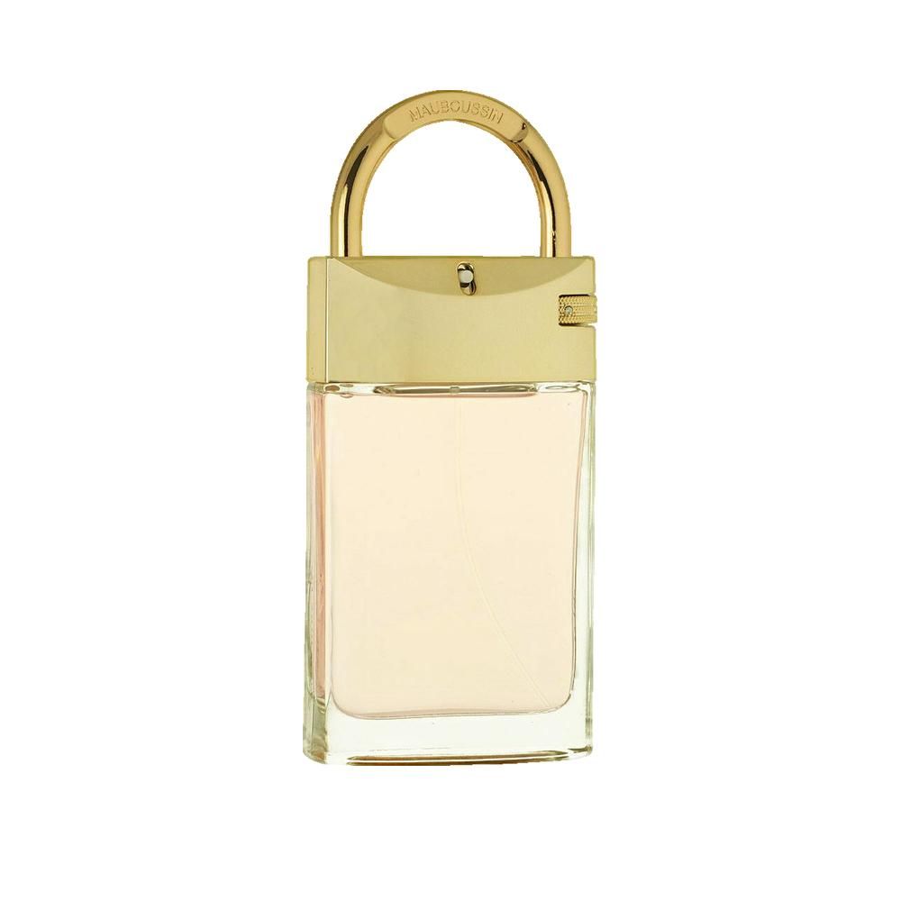 Flacone rettangolare con chiusura dorata. Scritta: Mauboussin. Flacone con contenuto rosa.