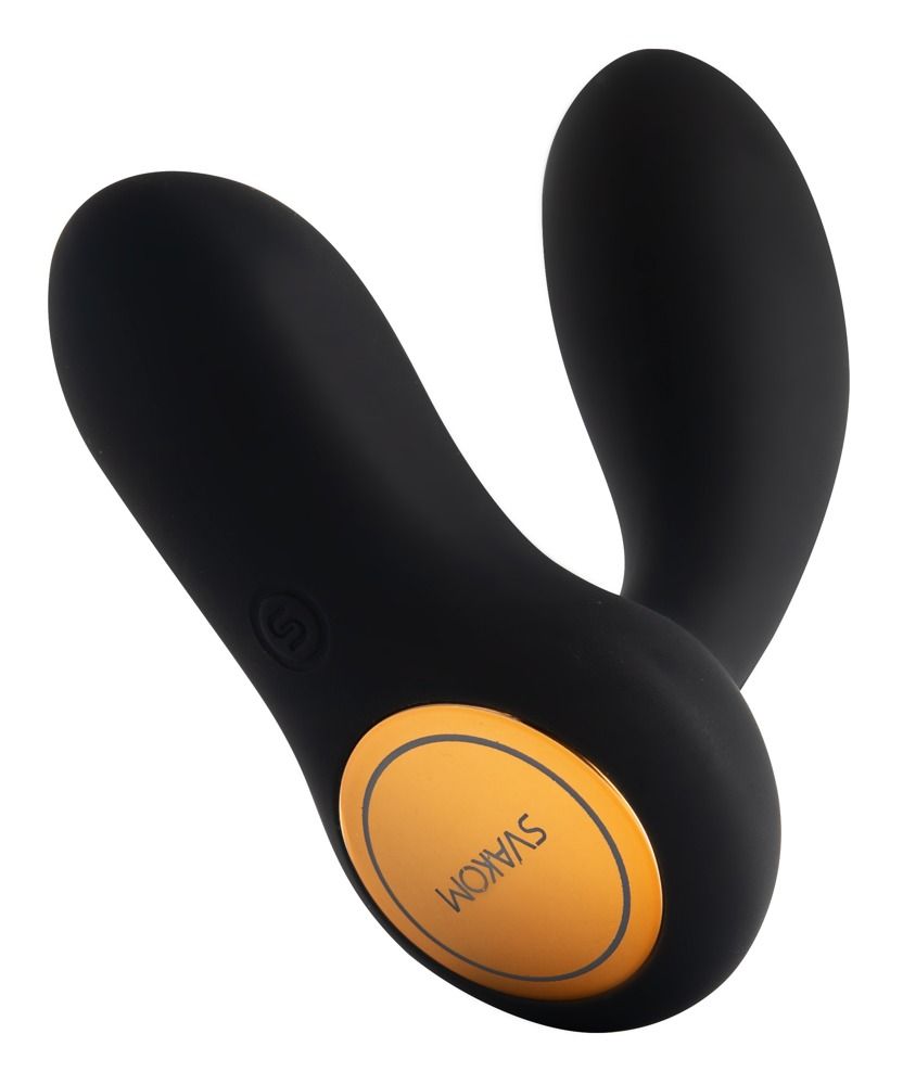 Vibratore nero con due estensioni curve e un anello d'accento dorato con nome del marchio.