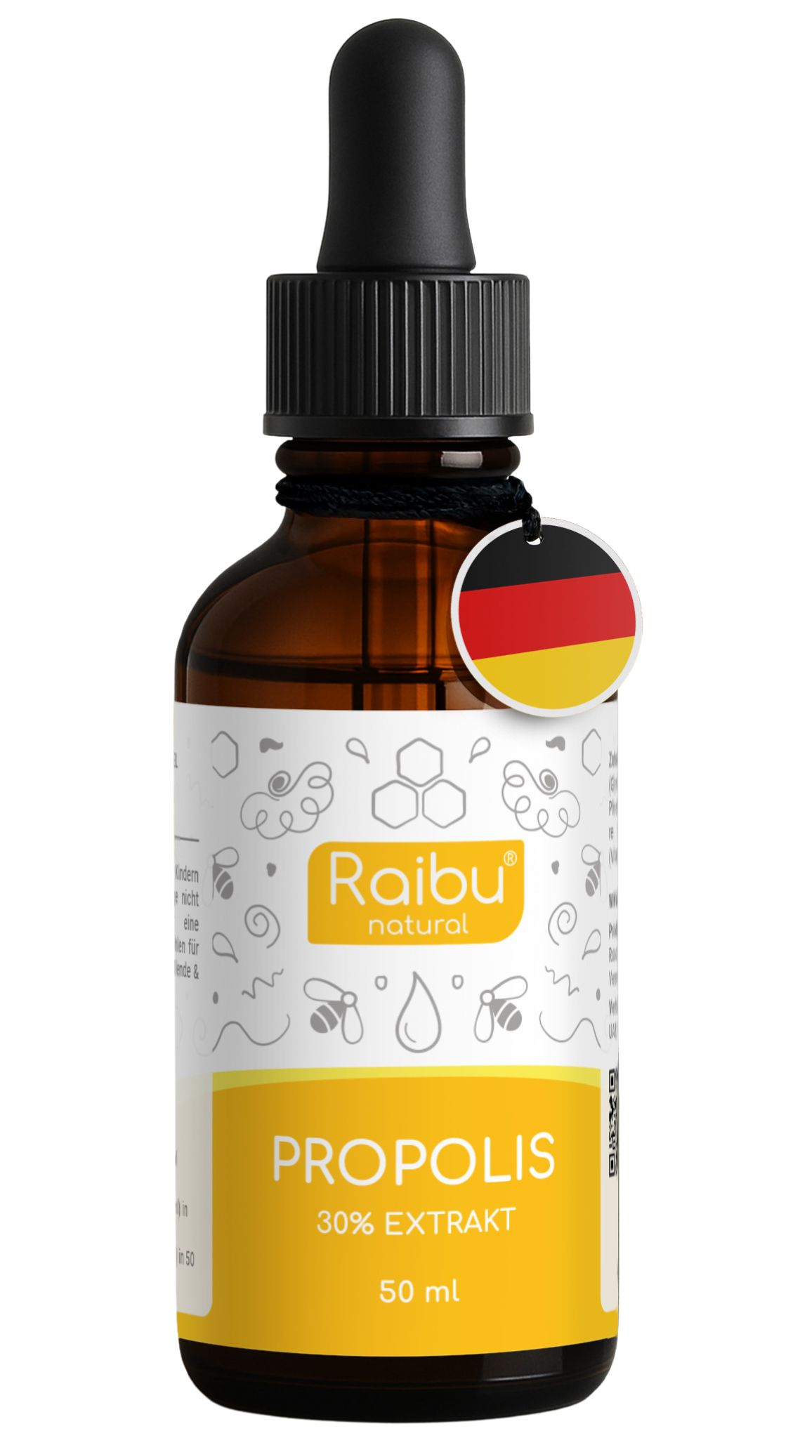 Flacone di vetro marrone con contagocce. Etichetta Raibu natural e Propolis 30% Extrakt. Bandiera tedesca.