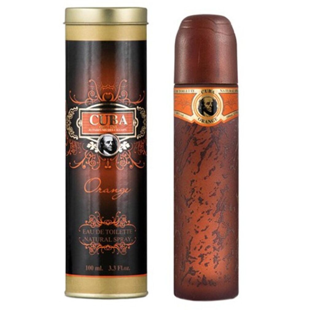 Flacone di profumo e scatola. Flacone cilindrico marrone con tappo marrone. Scatola marrone-oro, con logo e scritta.