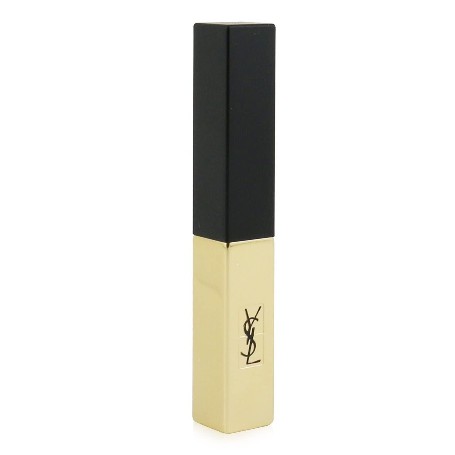 Rossetto chiuso. Coperchio nero, corpo dorato. Logo Yves Saint Laurent.
