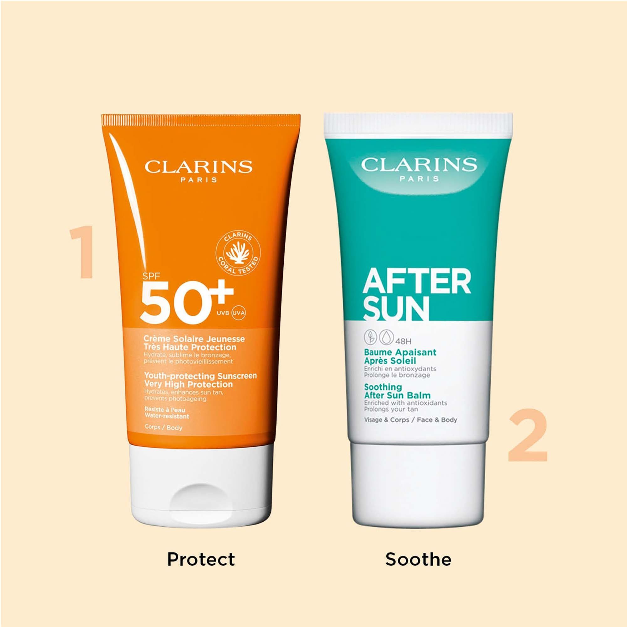 Due tubi. Arancione: Crema solare SPF 50+. Verde: Balsamo doposole. Logo Clarins Paris. Testo: Proteggere, Lenire.