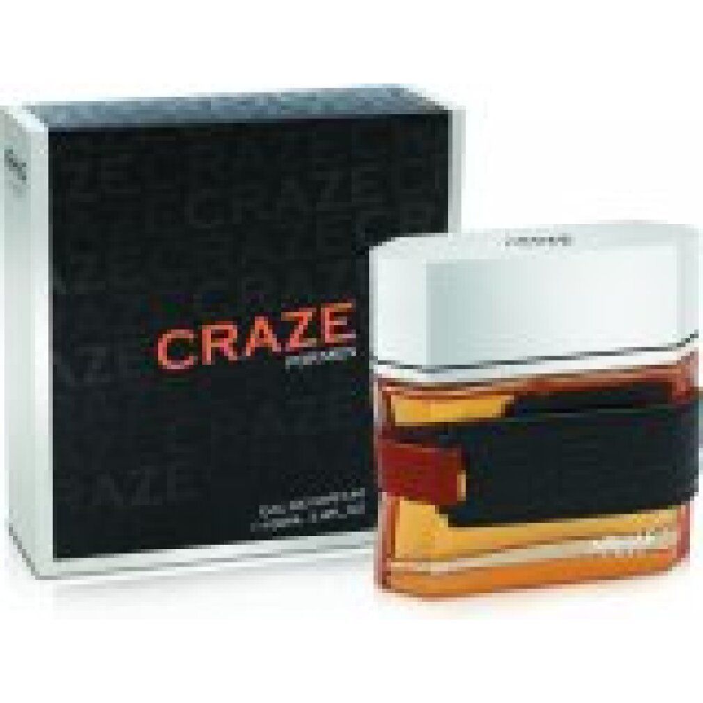 Flacone di profumo con fascia nera e confezione. Scritta "CRAZE FOR MEN".