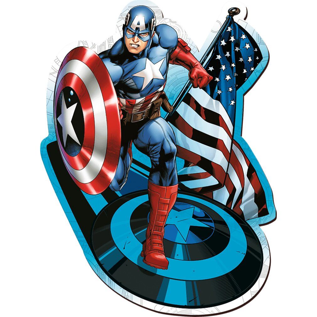 Puzzle Trefl Wood Craft Origin. Tema Captain America. Puzzle in legno con Captain America, scudo e bandiera americana. Forma Captain America.