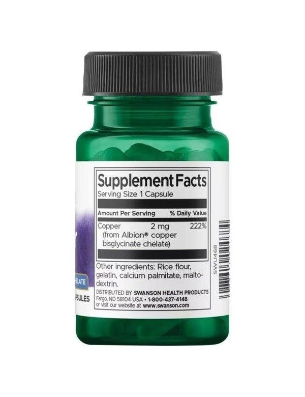 Retro del flacone verde. Tabella "Supplement Facts" con informazioni nutrizionali sul rame. Contiene 2 mg di rame.