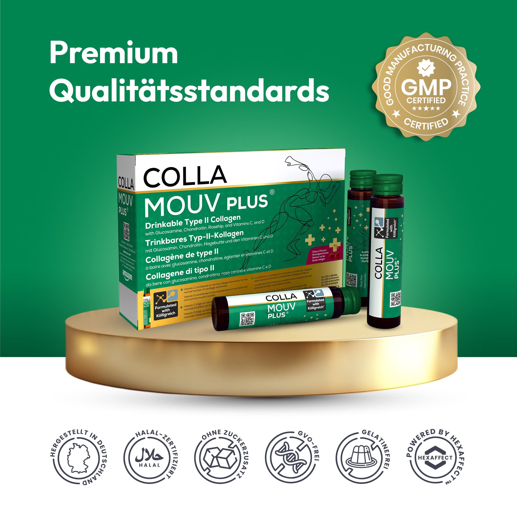 BHW Collamouv Plus Collagene Glucosamina Condroitina su piedistallo dorato, certificato GMP.