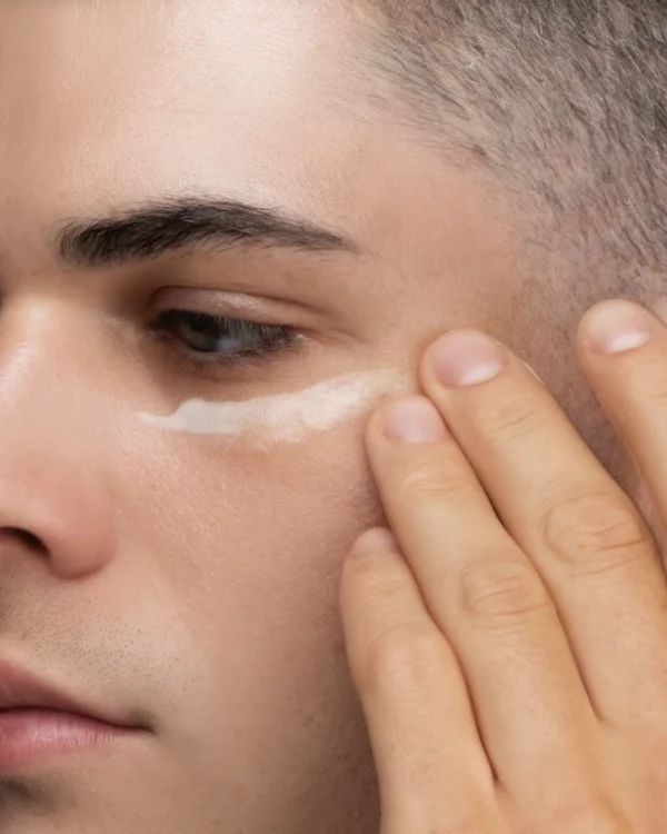 Primo piano di un uomo che applica la crema sotto l'occhio. La crema è visibile.
