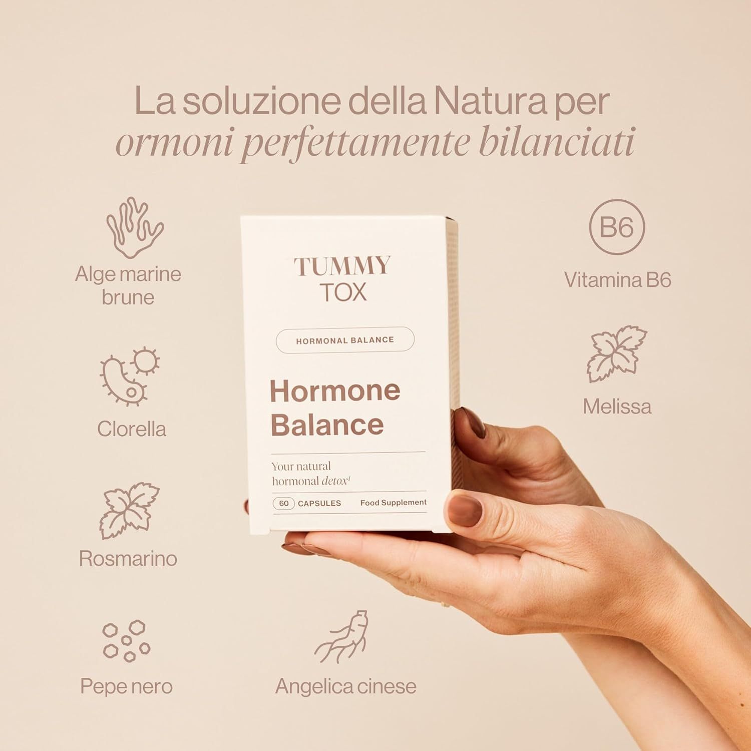 Una mano tiene una scatola bianca con scritto "Tummy Tox Hormone Balance". Illustrazioni degli ingredienti.