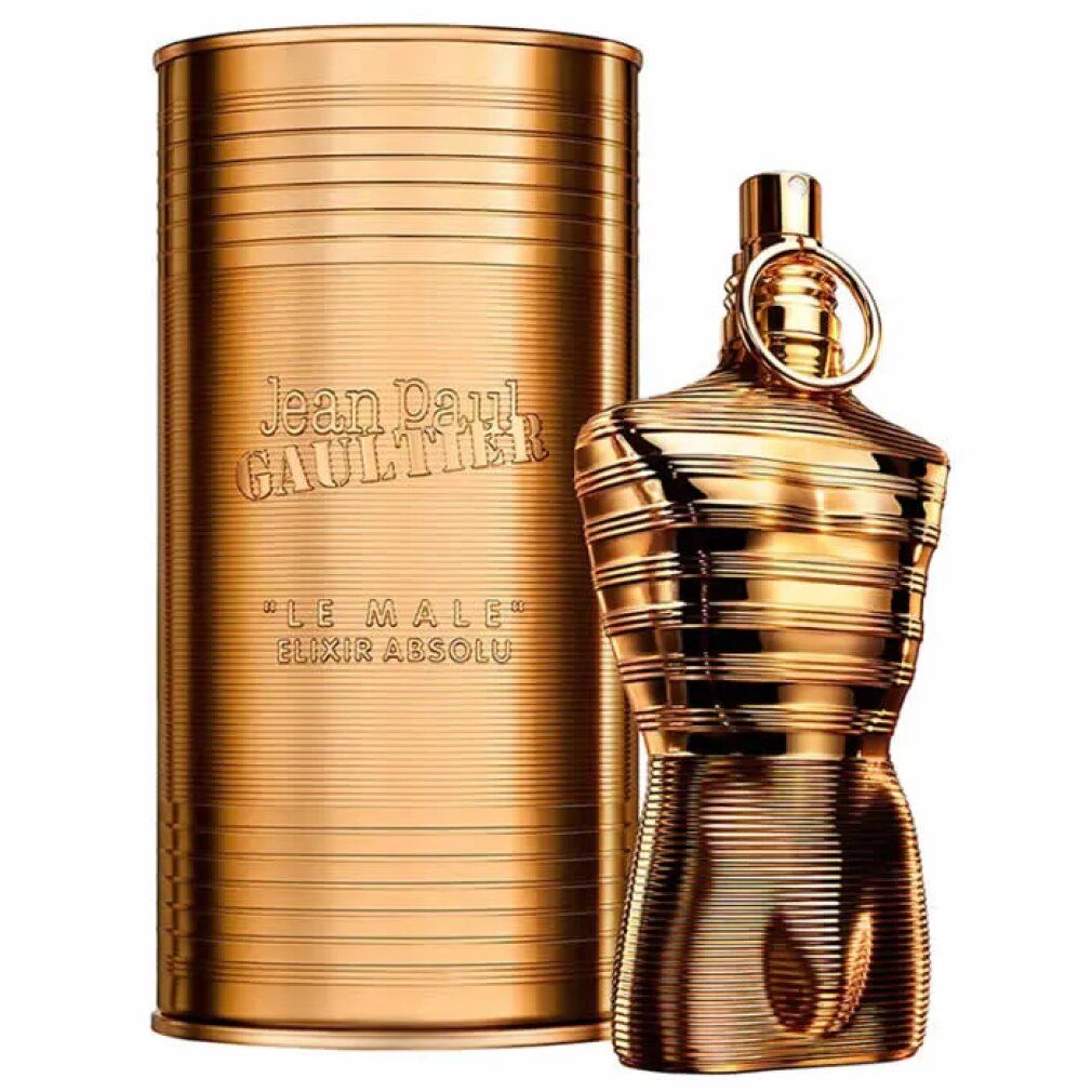 Flacone dorato a forma di torso accanto a confezione cilindrica. Scritta: Jean Paul Gaultier, Le Male Elixir Absolu.