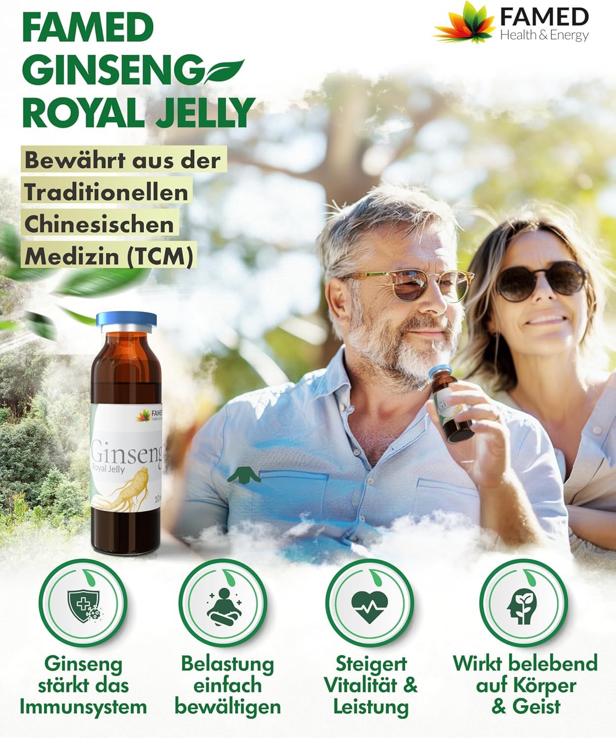 Coppia anziana che gusta Ginseng Royal Jelly in un ambiente naturale, con fiala prodotto e icone.