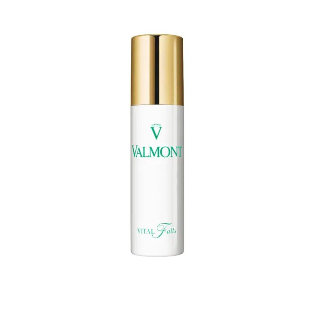 Flacone bianco alto con tappo dorato. Logo verde e scritta 'Valmont' e 'Vital Falls'.