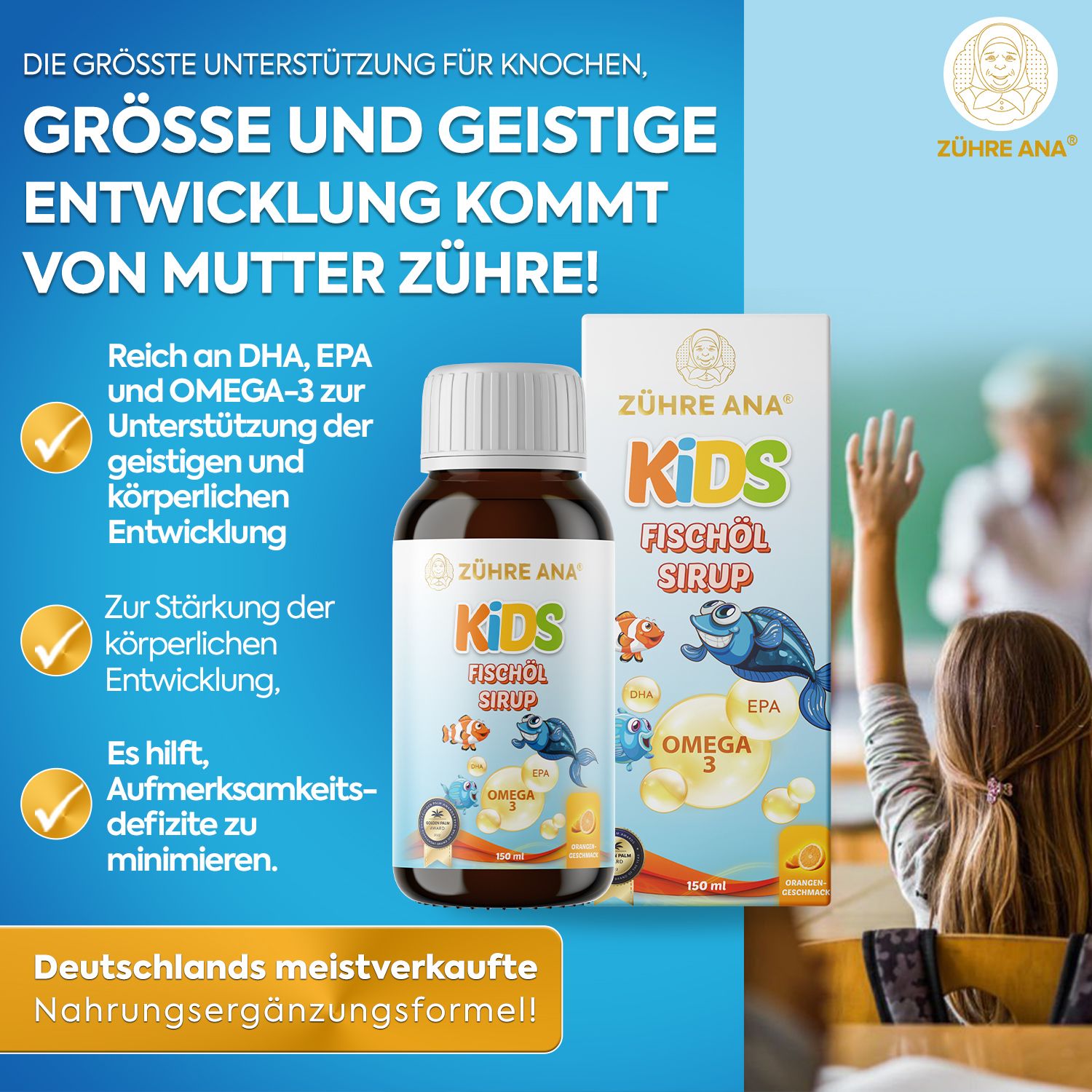 Zühre Ana Kids Fischöl Sirup bottiglia e scatola, promosso per lo sviluppo osseo e mentale.