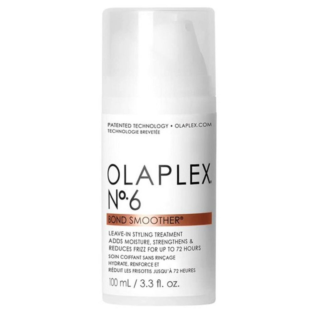 Flacone bianco Olaplex No.6 Bond Smoother. Striscia marrone con testo. 100 ml/3.3 fl. oz. Tappo.