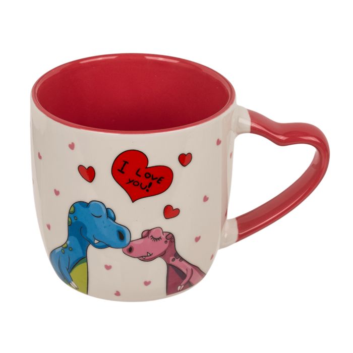 Tazza con dinosauri, interno rosso e manico a cuore. Scritta 'I love you'.