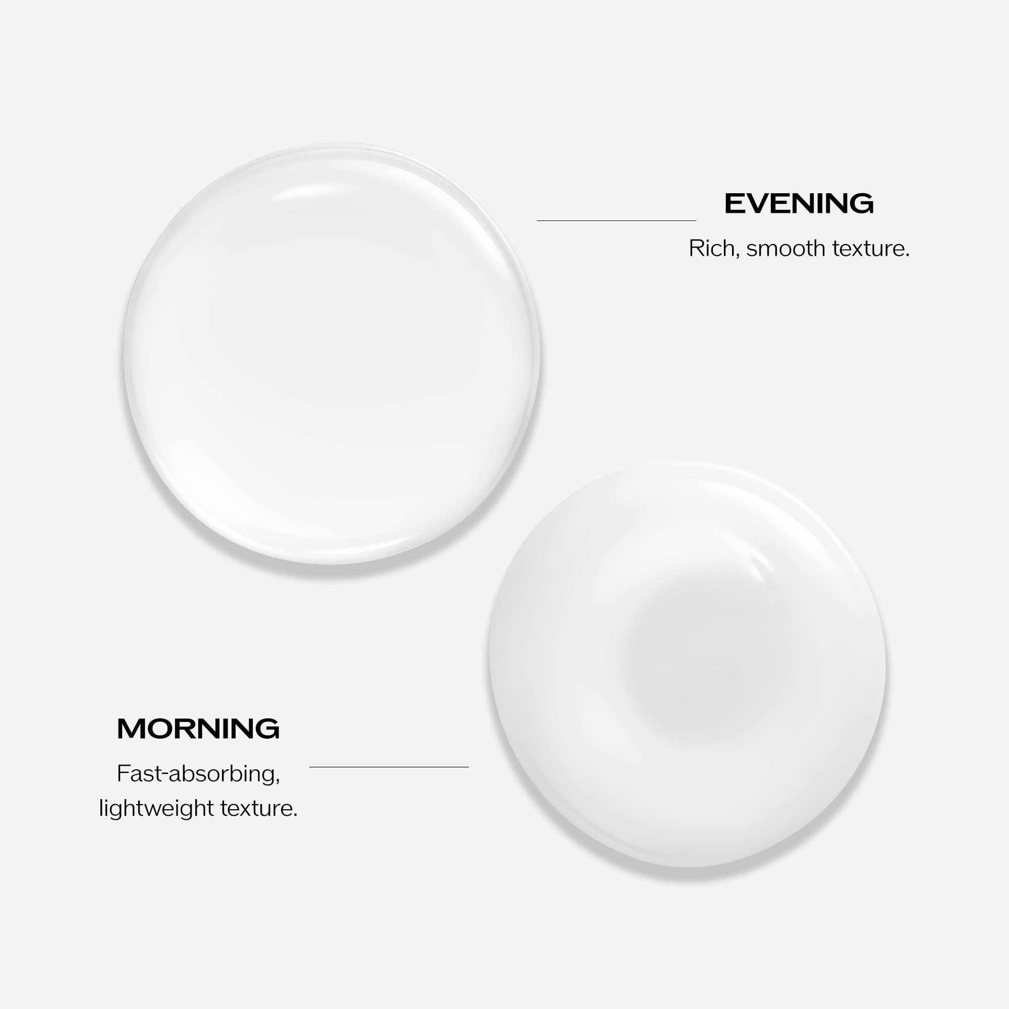 Due campioni di siero circolari. Sopra: Sera, texture ricca. Sotto: Mattina, texture leggera ad assorbimento rapido.
