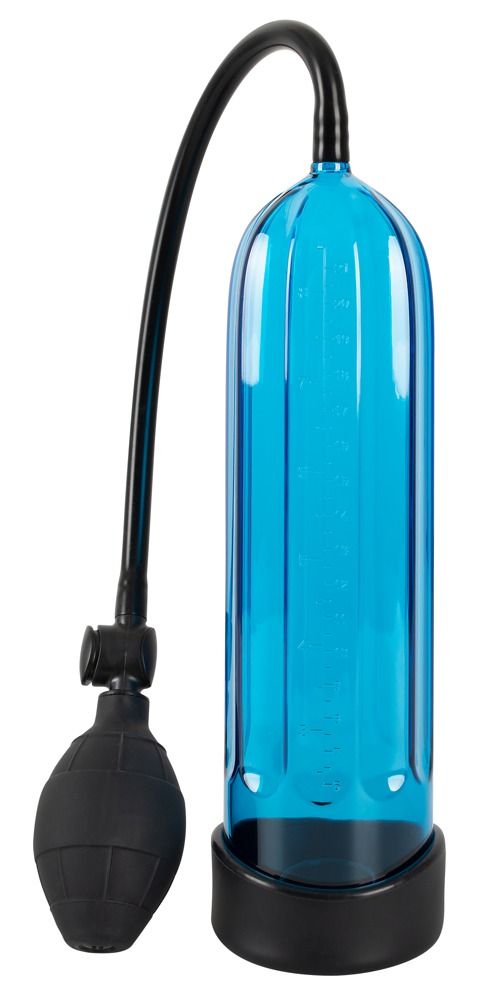 Pompa per pene blu con soffietto e tubo neri, con scala.