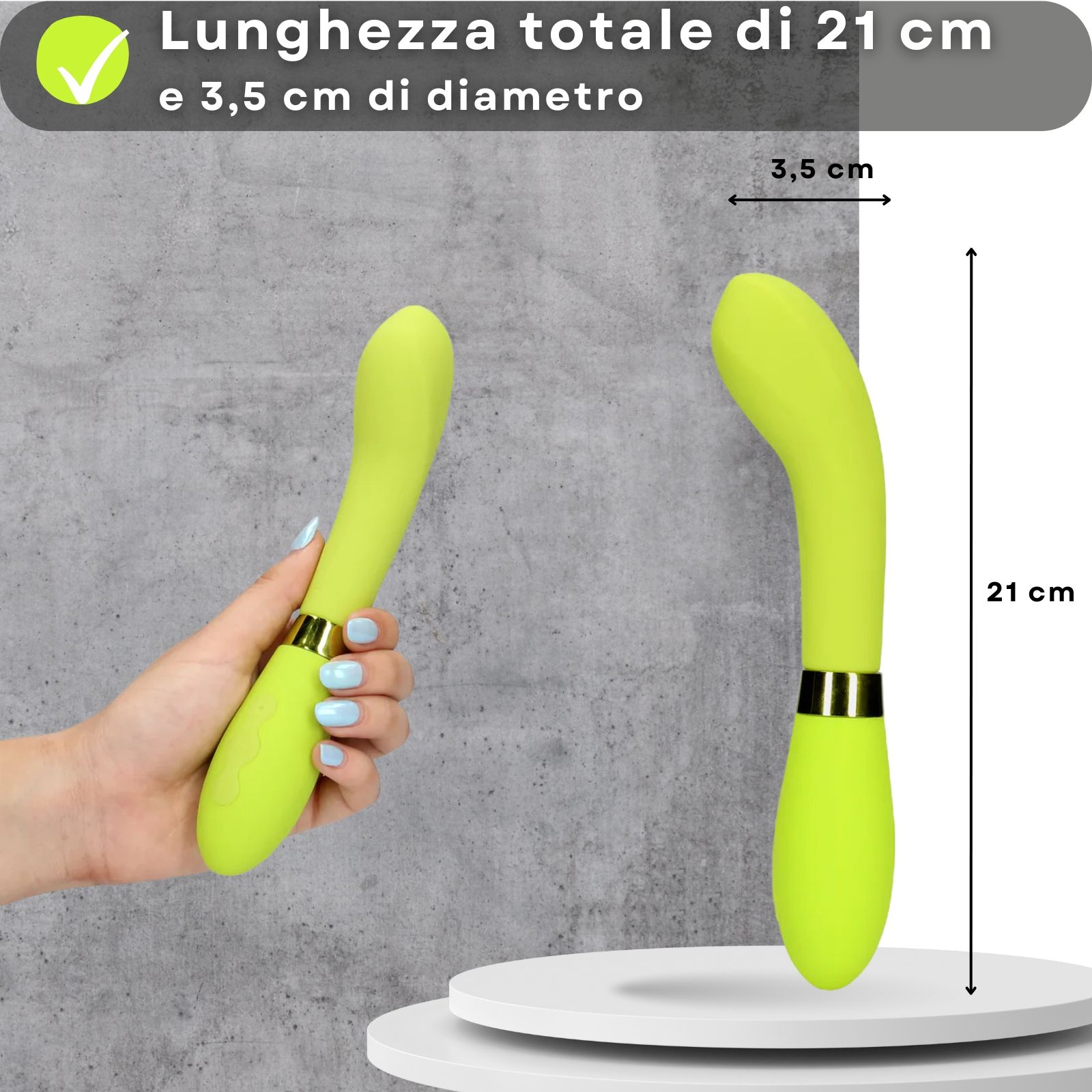 Vibratore verde chiaro. Dimensioni: 21 cm lungo, 3,5 cm diametro. Vibratori tenuti.