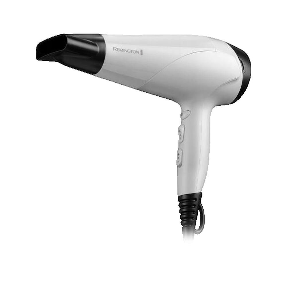 Asciugacapelli bianco con attacco e impugnatura neri. Il prodotto ha il marchio Remington.