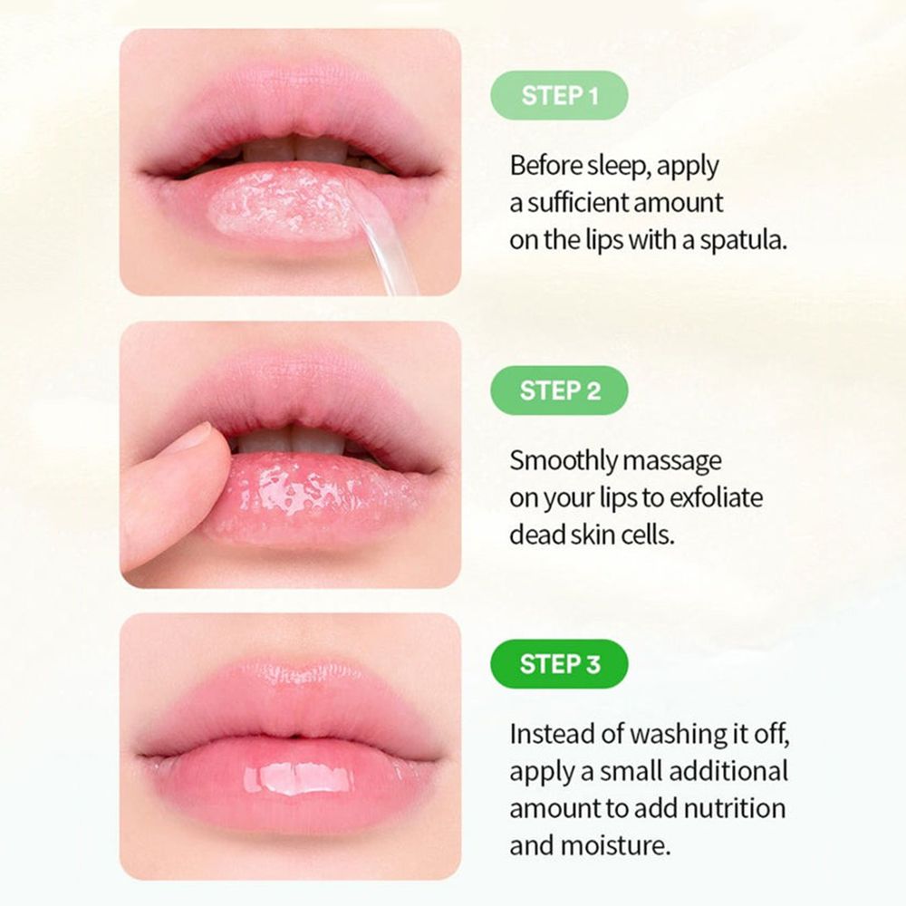 Tre passaggi per la cura delle labbra. Labbra con prodotto, massaggio, risultato. Testo: Step 1, Step 2, Step 3.